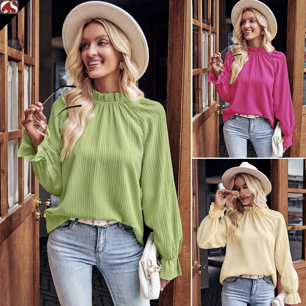 Ruffled collar long sleeve blouse in autumn colours, featuring a loose-fitting design and premium jacquard fabric