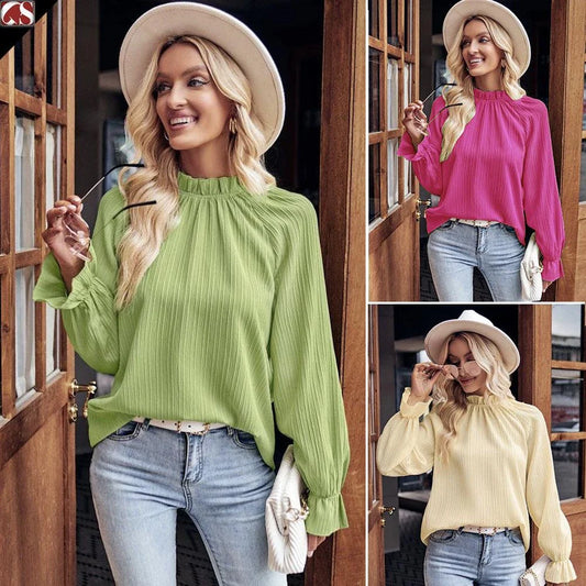 Ruffled collar long sleeve blouse in autumn colours, featuring a loose-fitting design and premium jacquard fabric