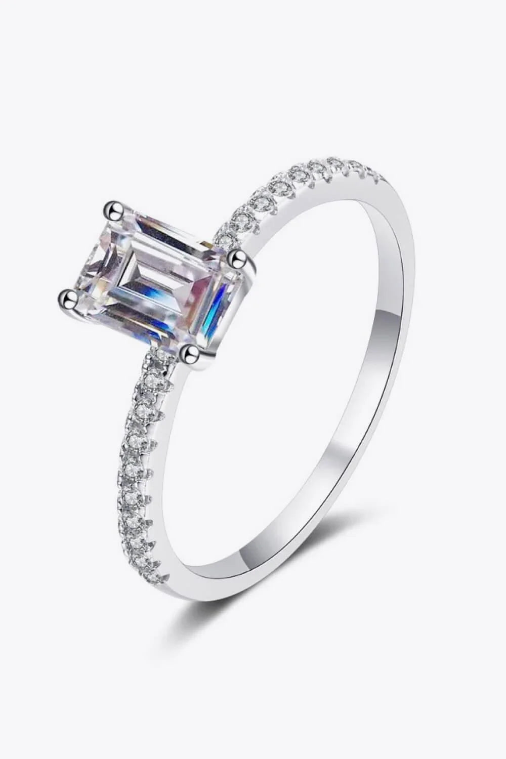 Exquisite 925 sterling silver ring with a radiant moissanite centre stone, accented with sparkling zircon stones for added elegance.