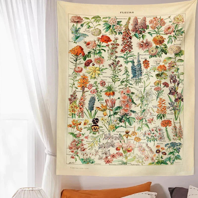 Mushroom Tapestry Wall Hanging with Botanical Print and Floral Illustrations