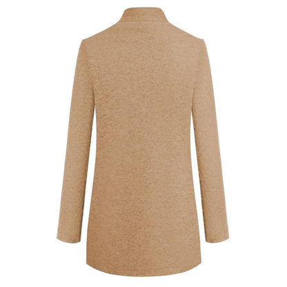Premium British woollen coat with stand collar, featuring a sleek, slim-fit silhouette and subtle stitching details