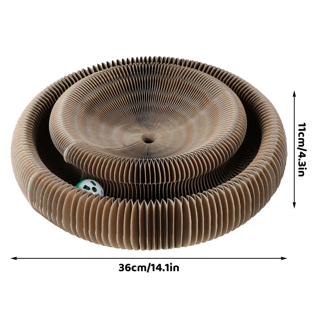 Foldable cat scratcher with toy ball, made of durable corrugated cardboard in versatile bone and crib shapes for active play and relaxation