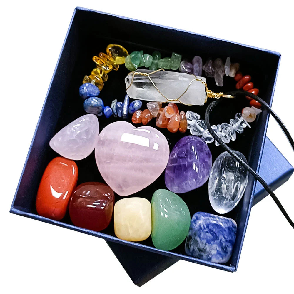 Elegant crystal jade chakra set with love hexagon pillar, natural stones for meditation and energy healing
