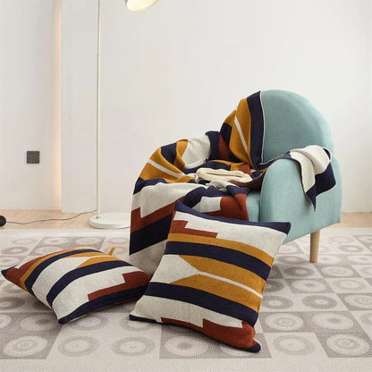 Cosy Bohemian striped throw blanket and cushion cover made from premium 100% cotton, featuring a vibrant jacquard-style pattern