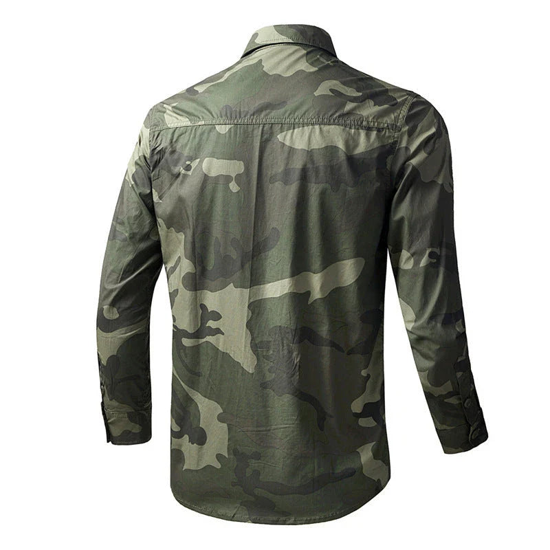 Men's long sleeve casual overalls shirt in army green, khaki, and grey colours with Japanese-inspired lapel design