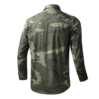 Men's long sleeve casual overalls shirt in army green, khaki, and grey colours with Japanese-inspired lapel design
