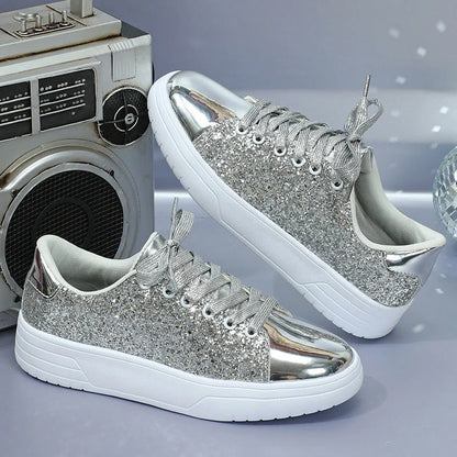 Glittering sequin flats with thick soles and lace-up closure in various vibrant colours