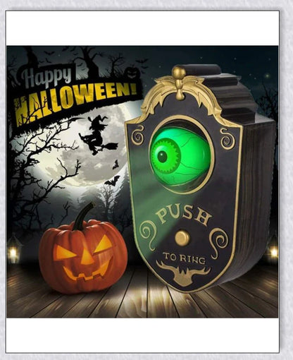 Spooky animated Halloween doorbell with a lifelike glowing green eyeball that peers out and greets guests