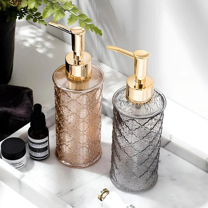 Elegant 280ml glass soap dispenser in pink colour, suitable for bathroom and kitchen use
