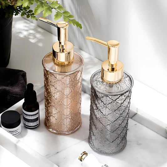 Elegant 280ml glass soap dispenser in pink colour, suitable for bathroom and kitchen use