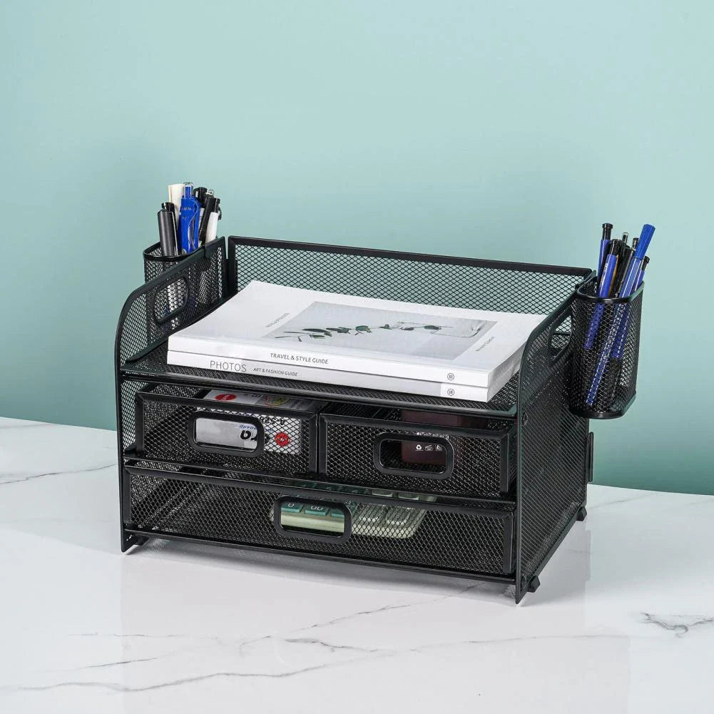 Premium carbon steel mesh desk organiser with 3 drawers and pen holders for efficient workspace organisation
