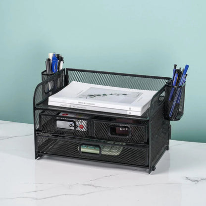 Premium carbon steel mesh desk organiser with 3 drawers and pen holders for efficient workspace organisation