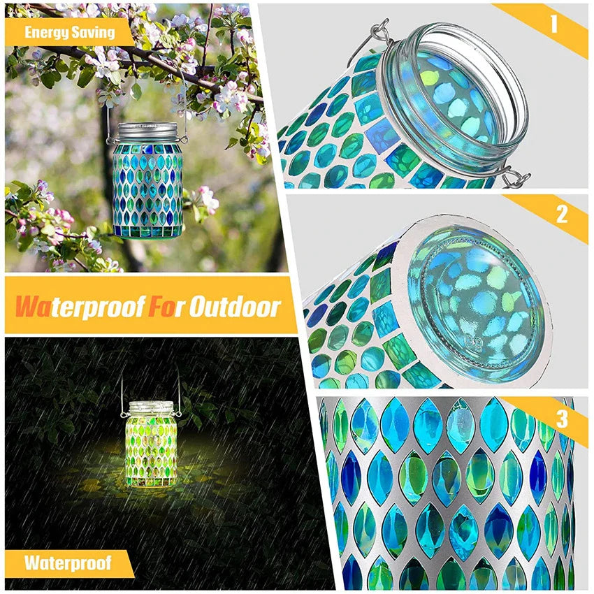 Mosaic Solar Mason Jar Lamp for Outdoor Lighting - Durable, Weather-Resistant Design with Automatic Illumination