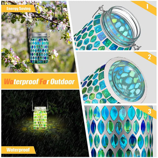 Mosaic Solar Mason Jar Lamp for Outdoor Lighting - Durable, Weather-Resistant Design with Automatic Illumination