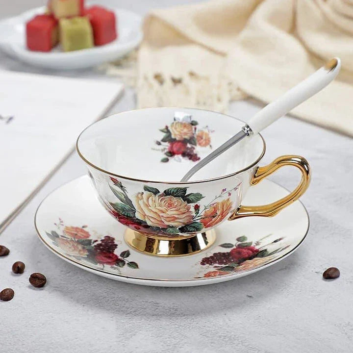 Charming floral porcelain tea set with cup, saucer, and spoon in a variety of delicate colour options