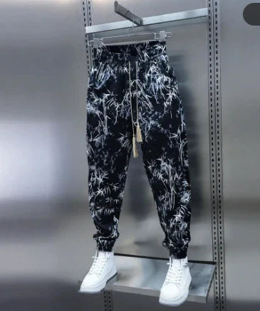 Men's Summer Harem Pants with Floral Print - Relaxed Fit, Lightweight Ice Silk Fabric, Drawstring Waist