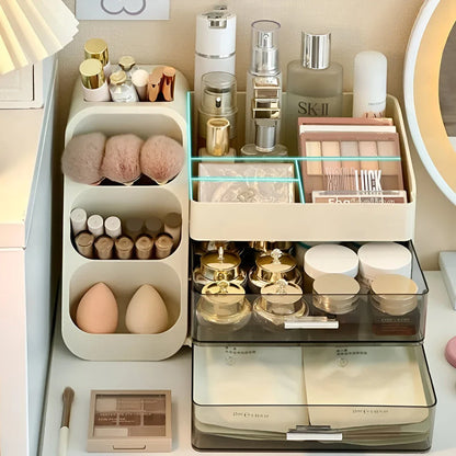 A large makeup organizer with a rotating brush holder and divided tray for storing cosmetics, skincare products, and beauty tools.