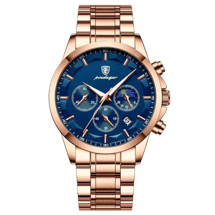 Premium Quartz Chronograph Sports Watch with stainless steel case, luminous hands, and adjustable leather strap