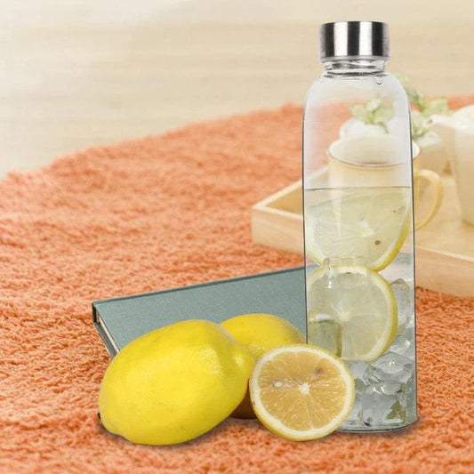 Premium minimalist glass sports water bottle in a variety of sizes and colours, designed for sustainable and stylish hydration