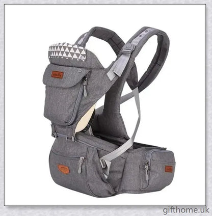 Ergonomic front-facing baby carrier with padded waist strap, lumbar support, and versatile wearing options for comfortable, secure travel with your little one.