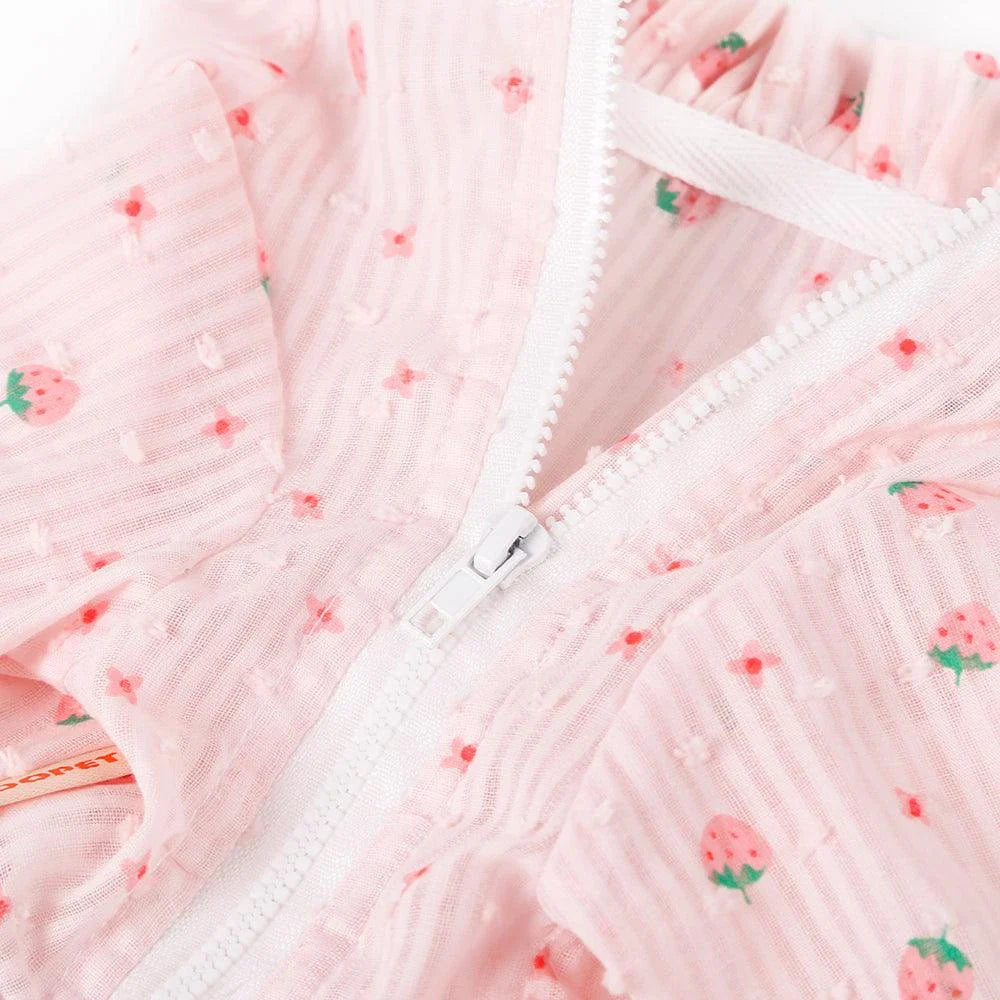 Stylish pink cat clothing with strawberry print design and sunscreen protection for pets
