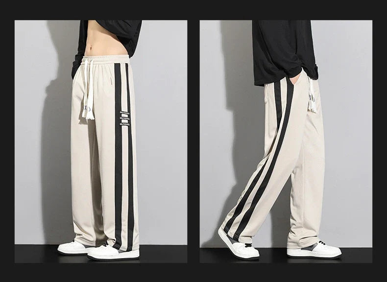Comfortable striped straight-leg casual trousers in various colours and sizes