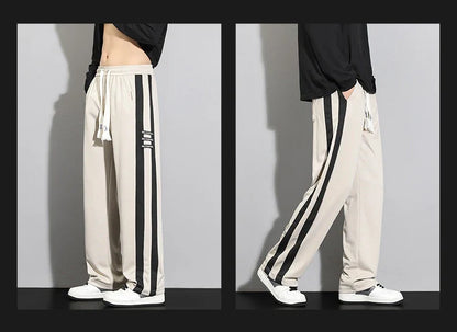 Comfortable striped straight-leg casual trousers in various colours and sizes