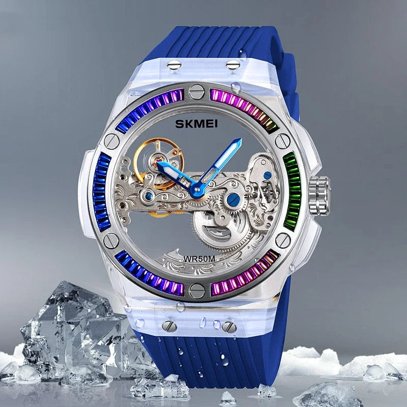 Sophisticated mechanical automatic wrist watch with hollow movement, showcasing intricate British design and craftsmanship