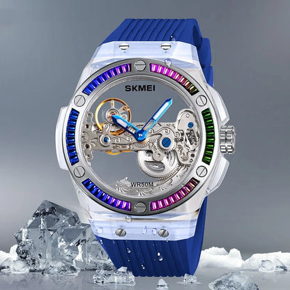 Sophisticated mechanical automatic wrist watch with hollow movement, showcasing intricate British design and craftsmanship