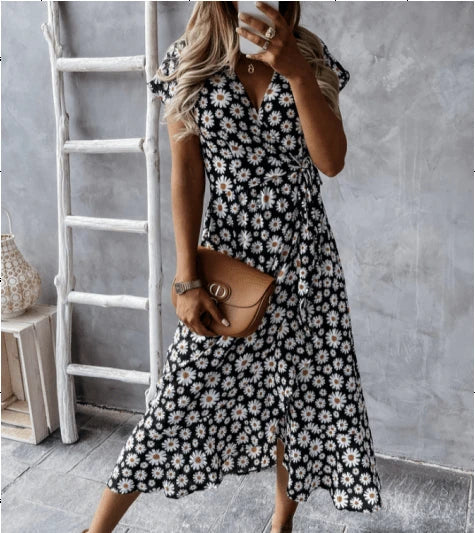 Chic V-Neck Elastic Waist Dress in Pink for a Flattering, Slimming Silhouette