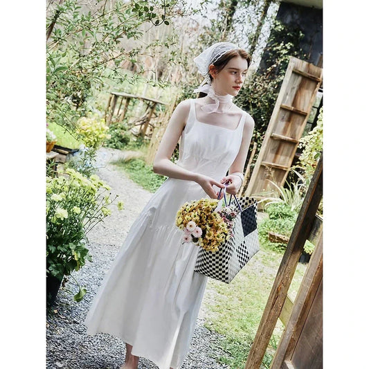 Elegant French White Suspender Long Dress with a relaxed A-line silhouette and premium cotton fabric