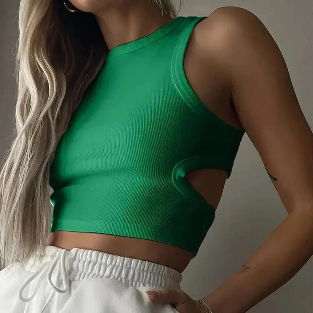 A chic ribbed knit Y2K-inspired tank top in a solid green colour, offering a flattering fit and timeless style.