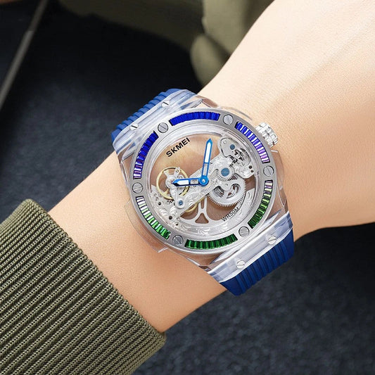 Sophisticated mechanical automatic wrist watch with hollow movement, showcasing intricate British design and craftsmanship