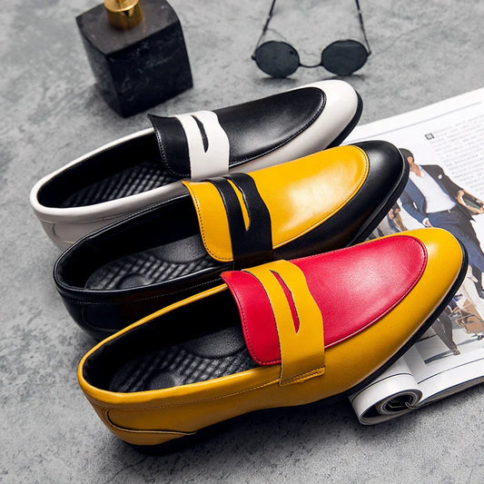 Premium British-style leather dress shoes for men in white, black, yellow, and red colour options