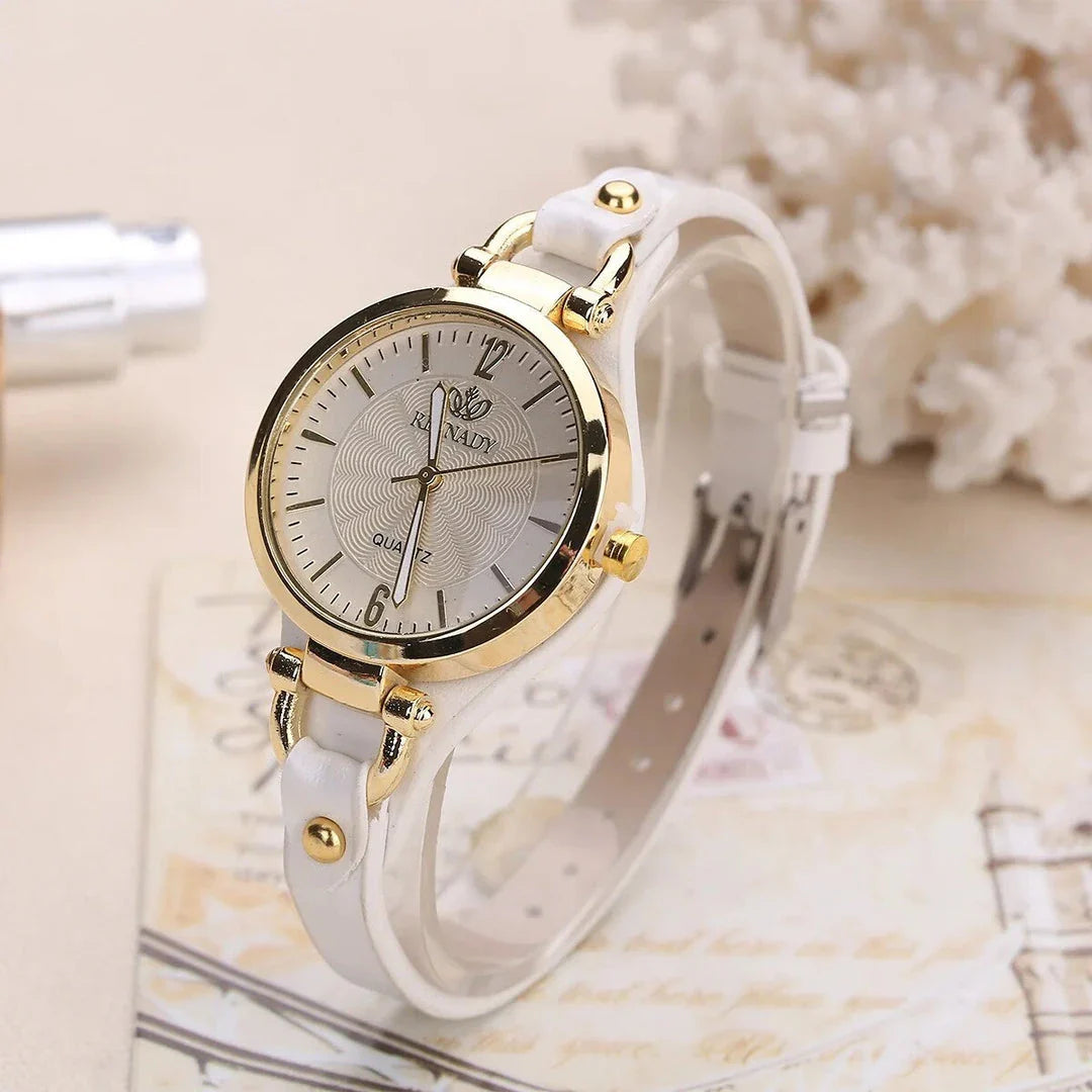 Elegant leather strap quartz watch with a sleek alloy case and durable glass dial for everyday elegance