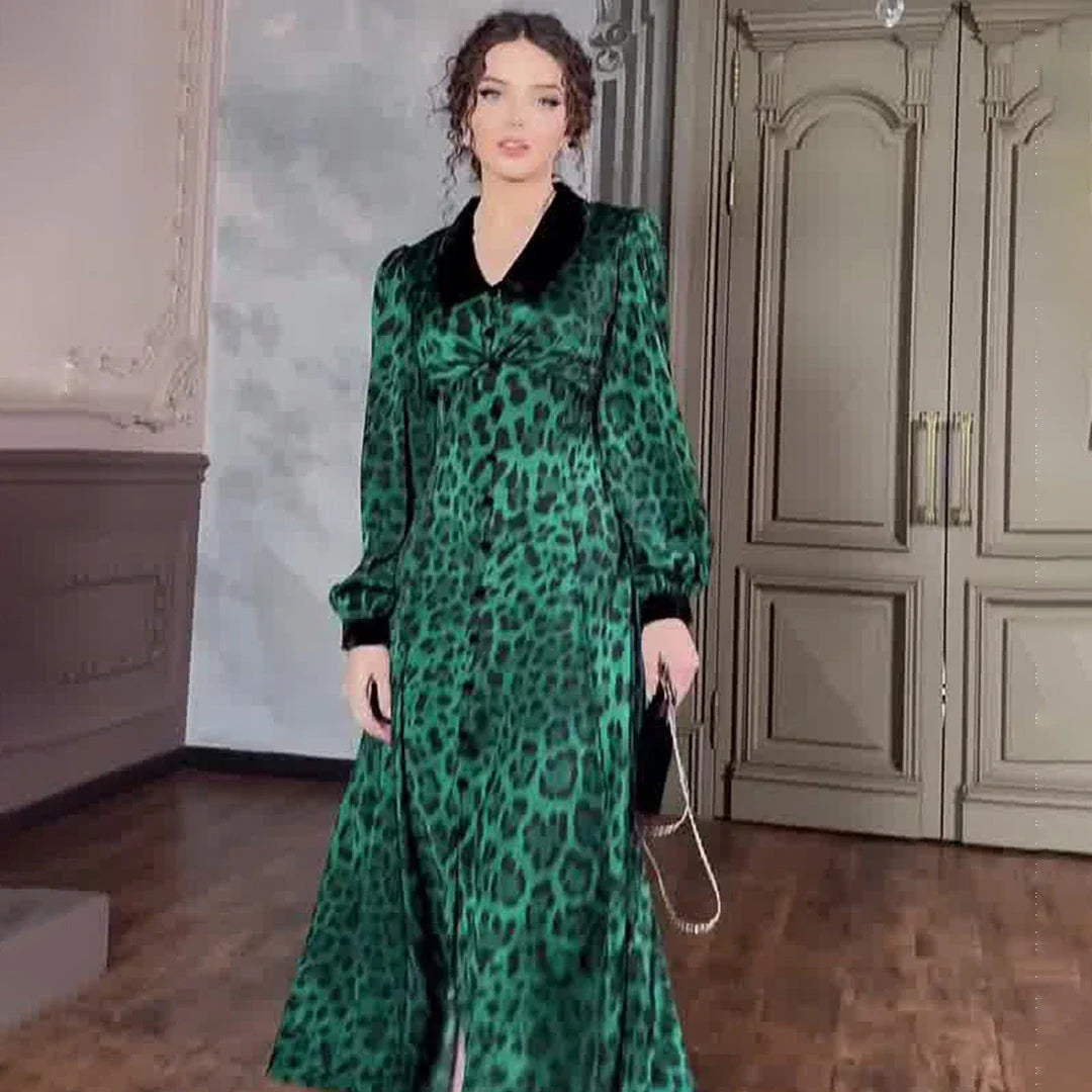 A stylish leopard print dress with a waist-trimming design, perfect for adding a touch of feline fierceness to your wardrobe.