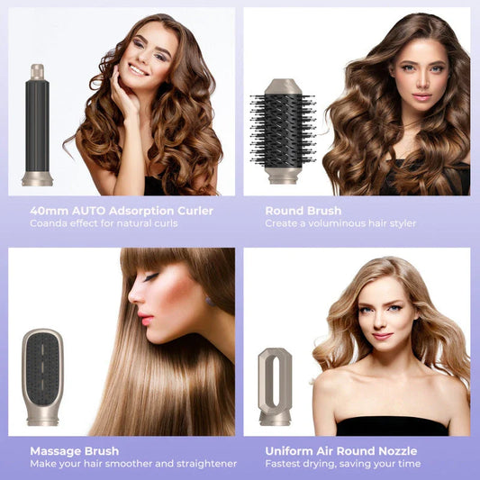 A 6-in-1 multifunctional hot air comb with multiple heat settings, rotating barrel, and interchangeable brush heads for versatile styling