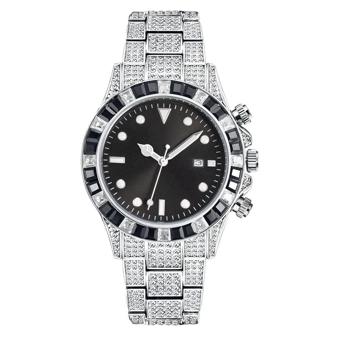 Premium diamond-encrusted green quartz watch with luminous display and sun pattern design