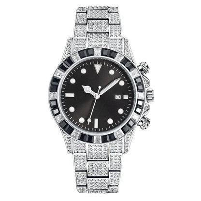 Premium diamond-encrusted green quartz watch with luminous display and sun pattern design