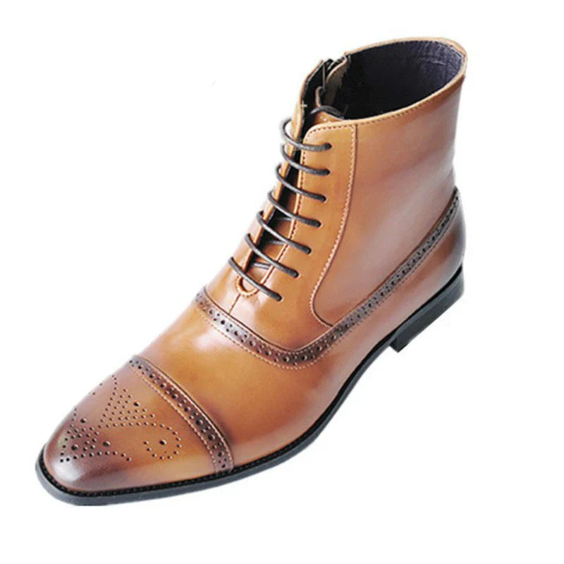 Premium leather casual boots for men with pointed toe and wedge heel design, perfect for British style and comfort