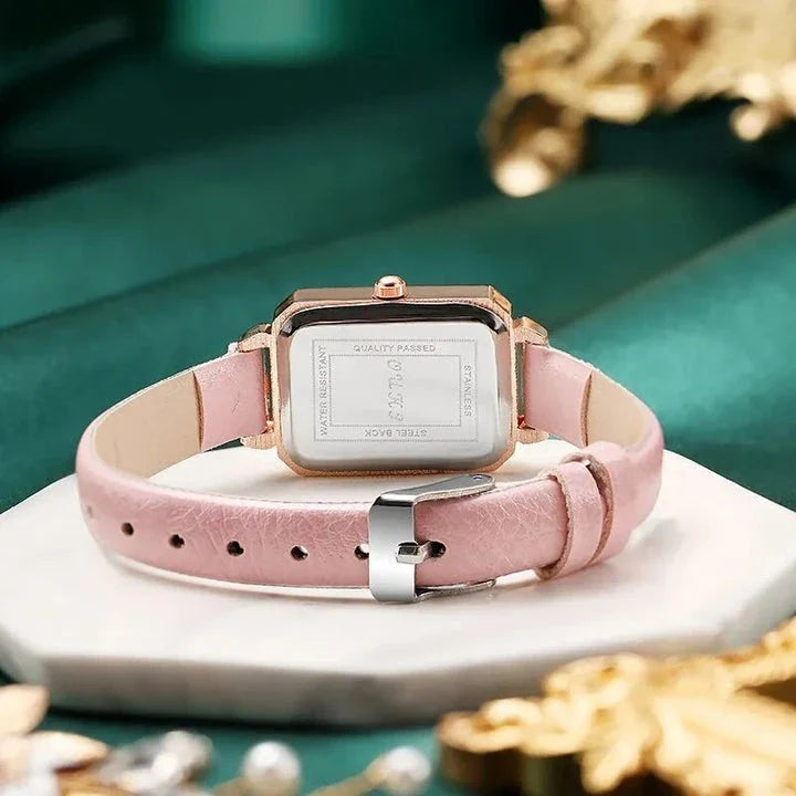 Refined square dial ladies watch with genuine leather strap, minimalist design, and durable aluminium alloy case
