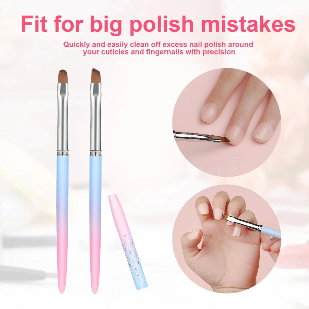 Premium nylon nail art brushes with round and angled heads for precise painting and clean-up
