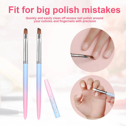 Premium nylon nail art brushes with round and angled heads for precise painting and clean-up