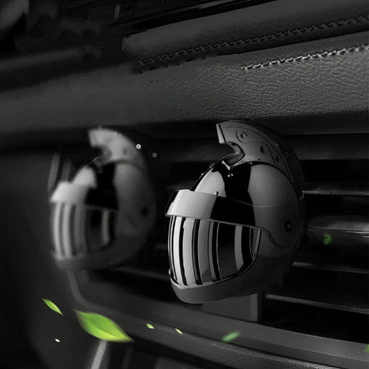 Premium medieval knight helmet-shaped air freshener made of aluminium alloy, designed to clip onto car air vents and refresh vehicle interiors