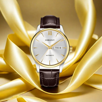 A sophisticated automatic mechanical watch with a gold/white or gold/black face, stainless steel case, and genuine leather strap