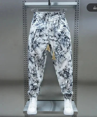 Men's Summer Harem Pants with Floral Print - Relaxed Fit, Lightweight Ice Silk Fabric, Drawstring Waist