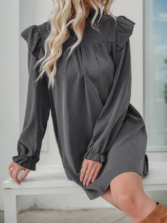 Elegant ruffled long sleeve dress in dark gray with loose lapel design for versatile British women's fashion