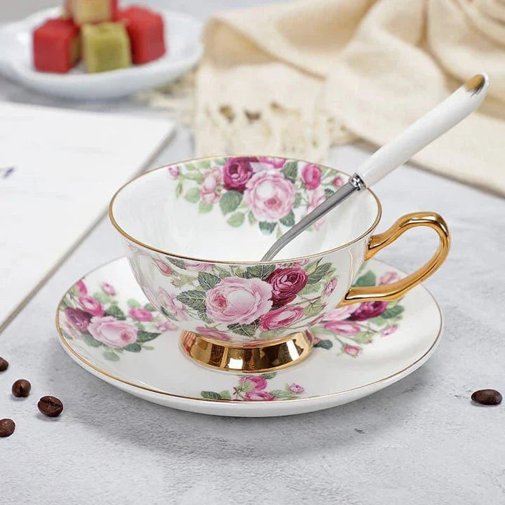 Charming floral porcelain tea set with cup, saucer, and spoon in a variety of delicate colour options
