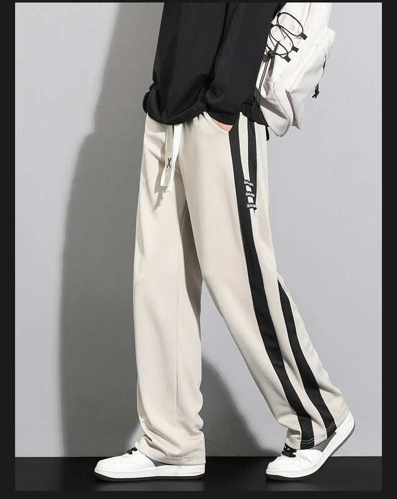 Comfortable striped straight-leg casual trousers in various colours and sizes