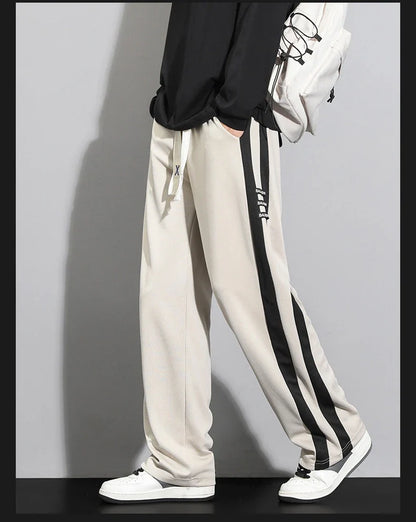 Comfortable striped straight-leg casual trousers in various colours and sizes